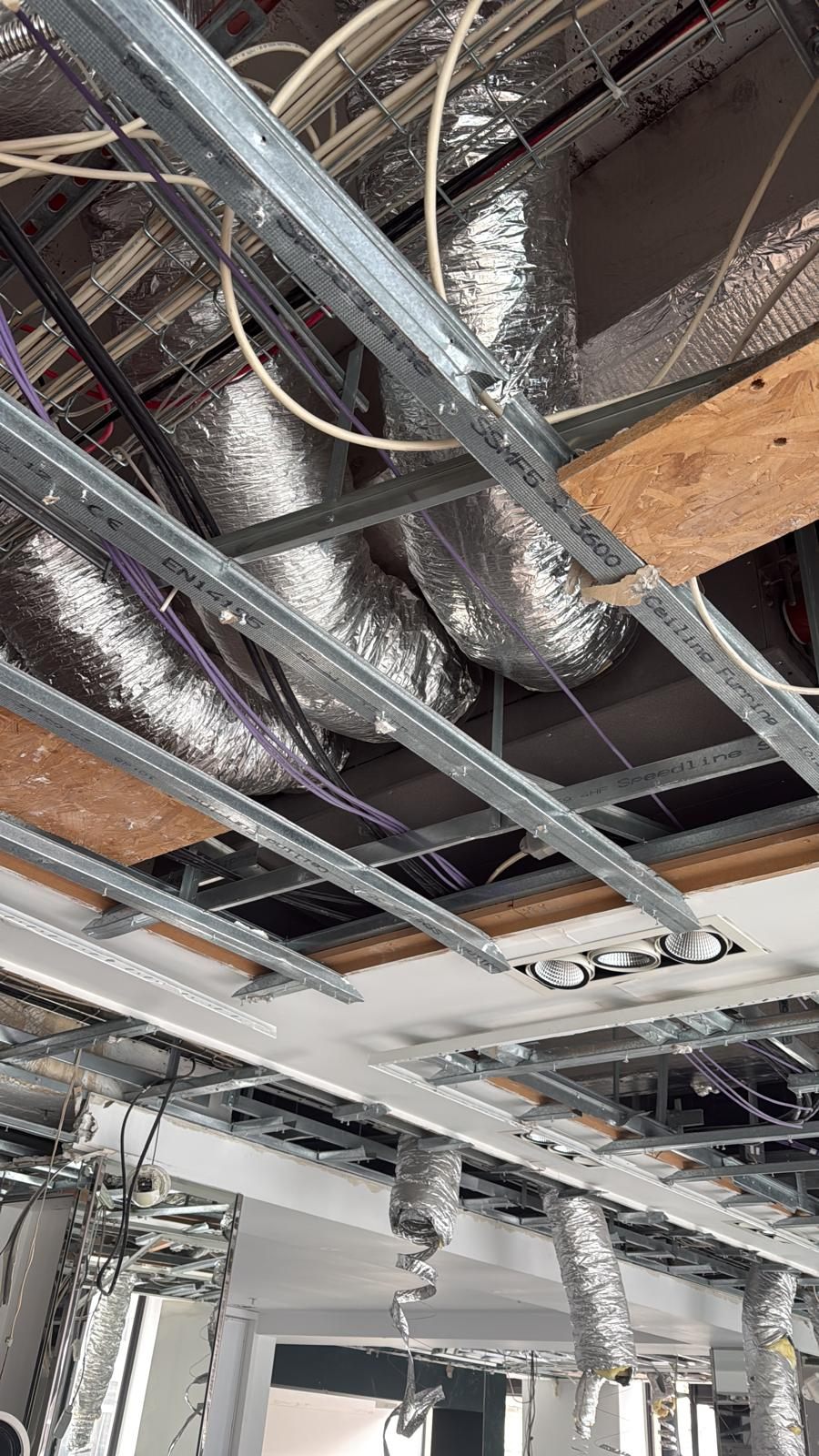 Open ceiling with insulated ductwork and new framing